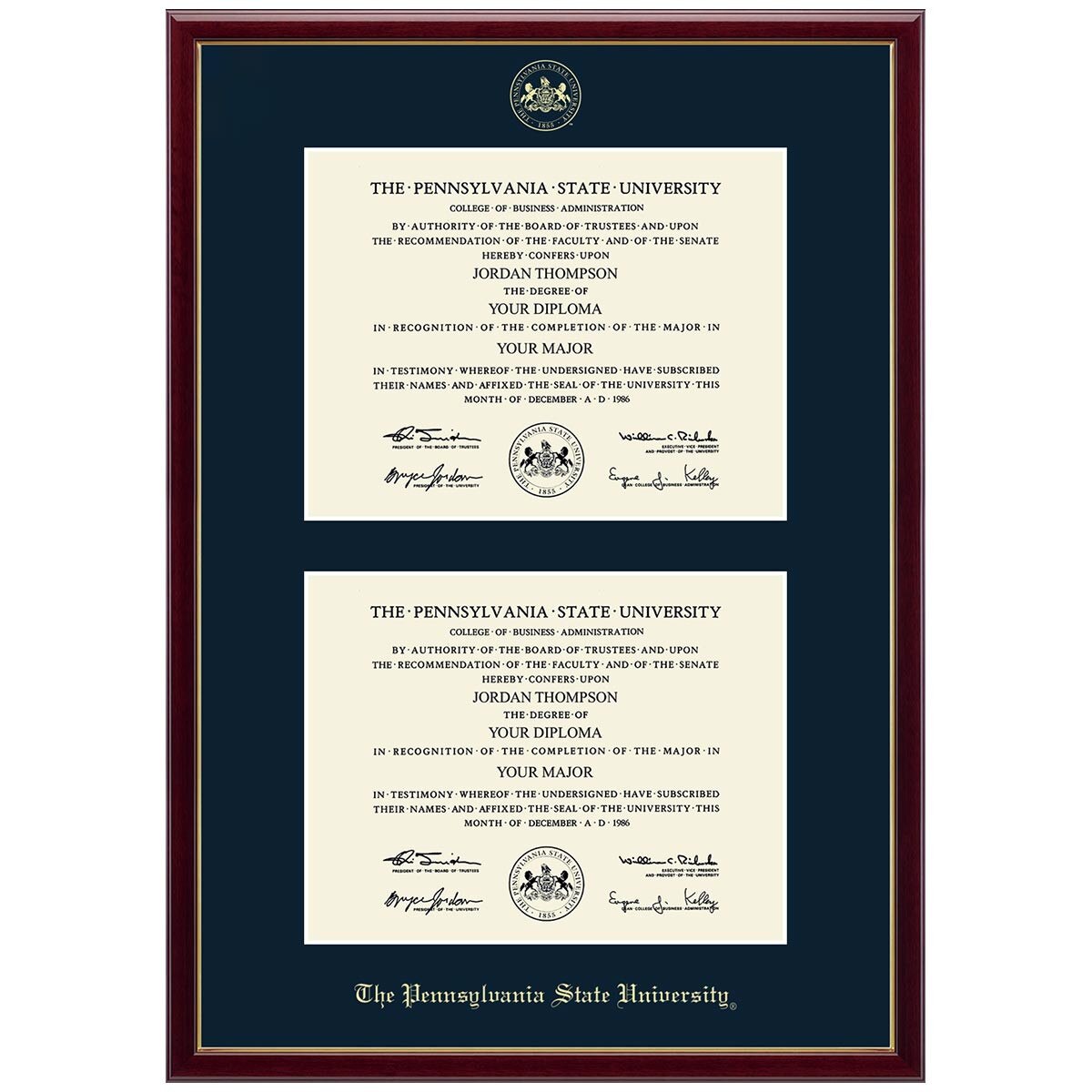 double diploma frame Galleria moulding, cherry finish, The Pennsylvania State University gold embossed with seal